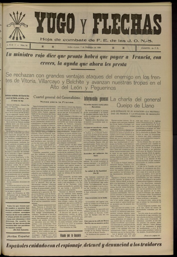 Miniatura de Yugo y flechas : hoja de combate de F.E. de las J.O.N.S. del 7 de diciembre de 1936, nº 96