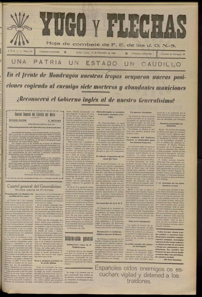 Miniatura de Yugo y flechas : hoja de combate de F.E. de las J.O.N.S. del 14 de diciembre de 1936, nº 101
