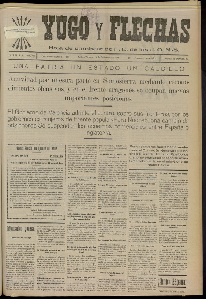 Miniatura de Yugo y flechas : hoja de combate de F.E. de las J.O.N.S. del 18 de diciembre de 1936, nº 105