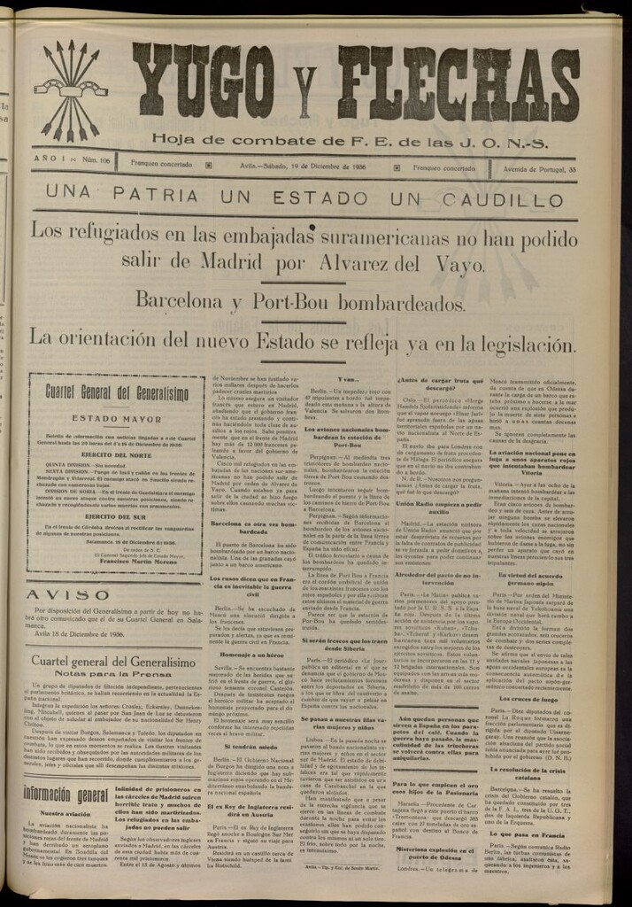 Miniatura de Yugo y flechas : hoja de combate de F.E. de las J.O.N.S. del 19 de diciembre de 1936, nº 106