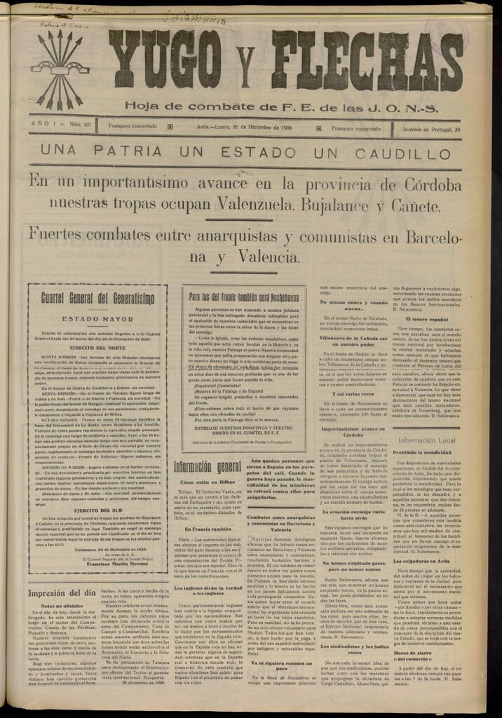 Miniatura de Yugo y flechas : hoja de combate de F.E. de las J.O.N.S. del 21 de diciembre de 1936, nº 107