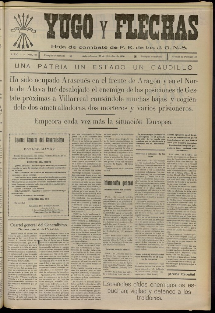 Miniatura de Yugo y flechas : hoja de combate de F.E. de las J.O.N.S. del 22 de diciembre de 1936, nº 108