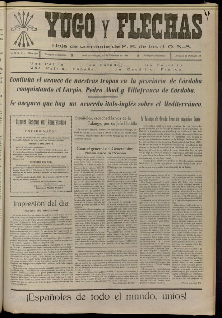 Miniatura de Yugo y flechas : hoja de combate de F.E. de las J.O.N.S. del 23 de diciembre de 1936, nº 109
