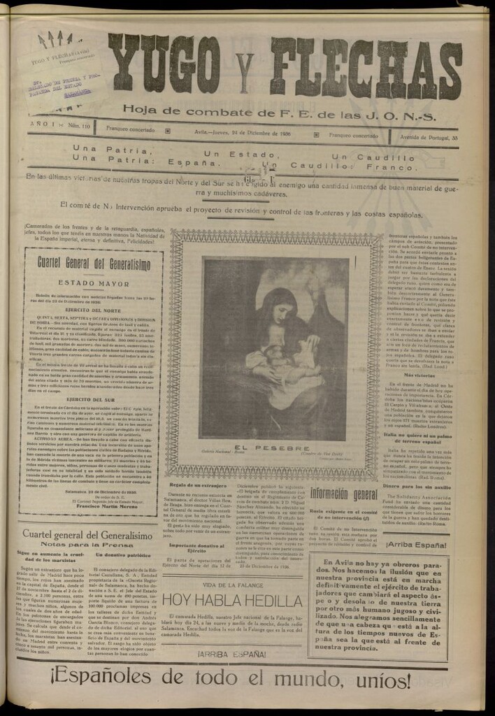 Miniatura de Yugo y flechas : hoja de combate de F.E. de las J.O.N.S. del 24 de diciembre de 1936, nº 110