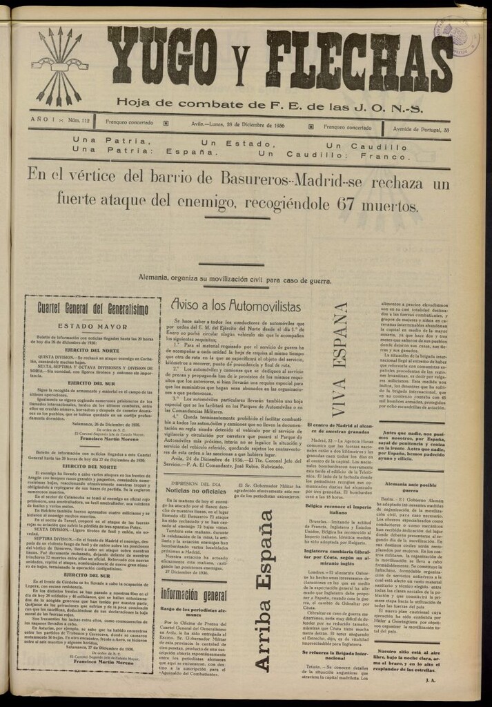 Miniatura de Yugo y flechas : hoja de combate de F.E. de las J.O.N.S. del 28 de diciembre de 1936, nº 112