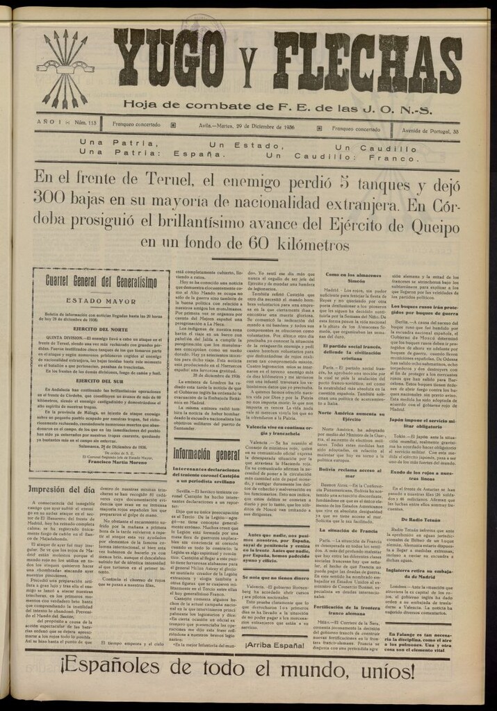 Miniatura de Yugo y flechas : hoja de combate de F.E. de las J.O.N.S. del 29 de diciembre de 1936, nº 113