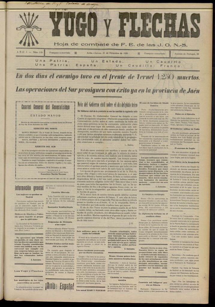 Miniatura de Yugo y flechas : hoja de combate de F.E. de las J.O.N.S. del 31 de diciembre de 1936, nº 115
