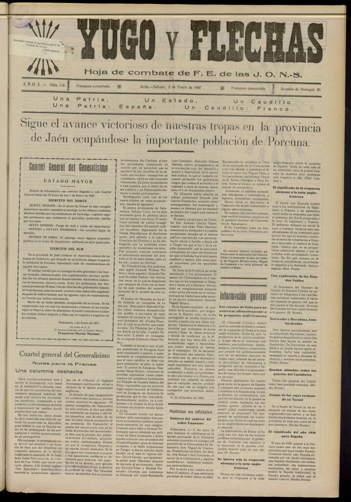 Miniatura de Yugo y flechas : hoja de combate de F.E. de las J.O.N.S. del 2 de enero de 1937, nº 116