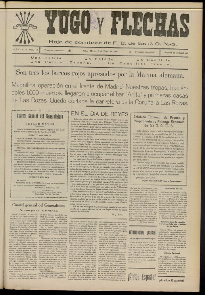 Miniatura de Yugo y flechas : hoja de combate de F.E. de las J.O.N.S. del 5 de enero de 1937, nº 118
