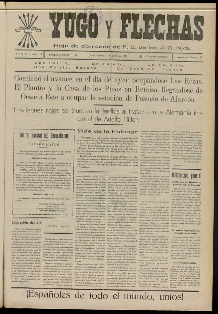 Miniatura de Yugo y flechas : hoja de combate de F.E. de las J.O.N.S. del 7 de enero de 1937, nº 119