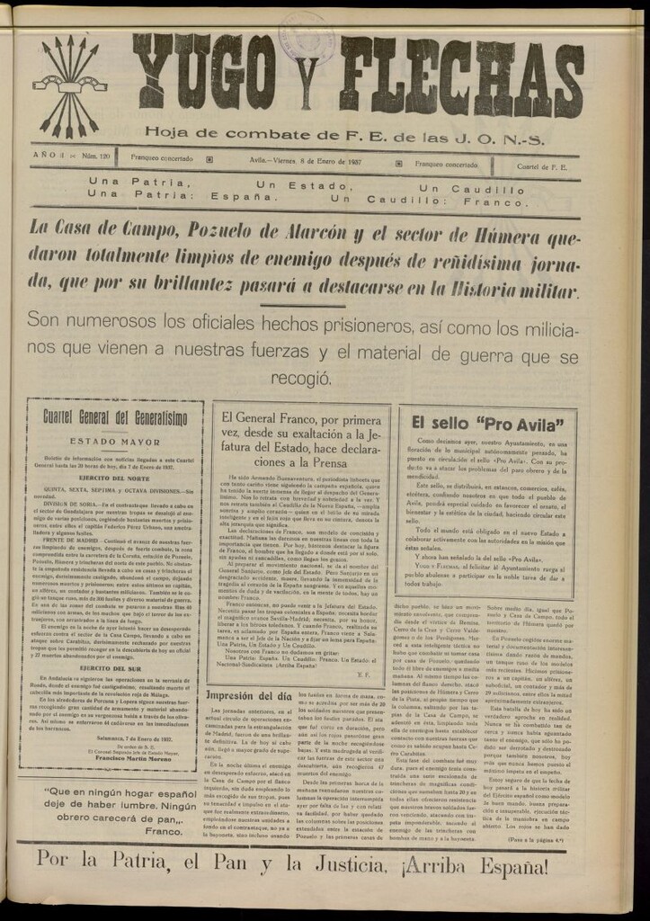 Miniatura de Yugo y flechas : hoja de combate de F.E. de las J.O.N.S. del 8 de enero de 1937, nº 120