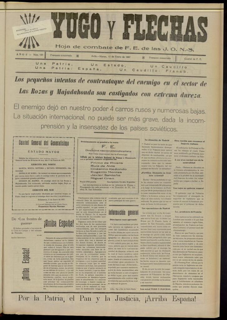 Miniatura de Yugo y flechas : hoja de combate de F.E. de las J.O.N.S. del 12 de enero de 1937, nº 123