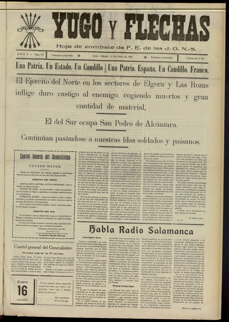 Miniatura de Yugo y flechas : hoja de combate de F.E. de las J.O.N.S. del 16 de enero de 1937, nº 127