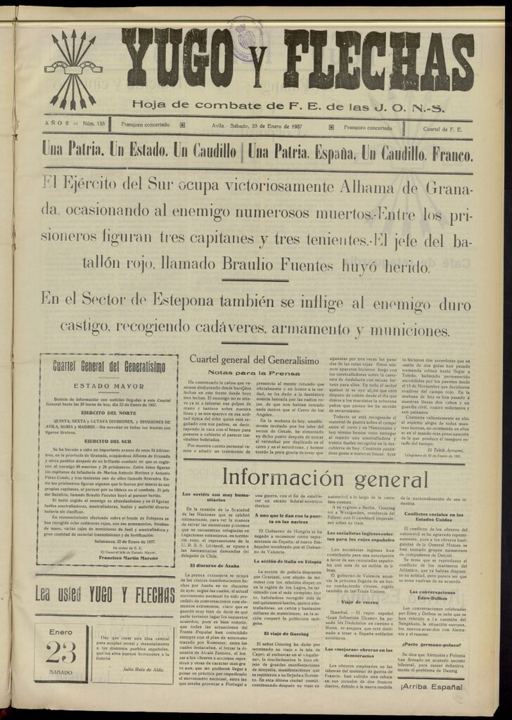 Miniatura de Yugo y flechas : hoja de combate de F.E. de las J.O.N.S. del 23 de enero de 1937, nº 133
