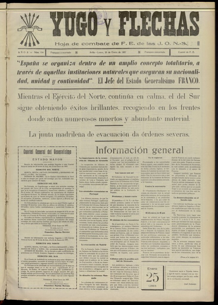 Miniatura de Yugo y flechas : hoja de combate de F.E. de las J.O.N.S. del 25 de enero de 1937, nº 134