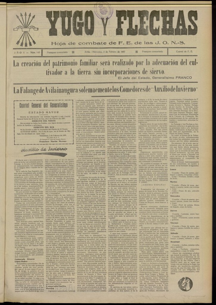 Miniatura de Yugo y flechas : hoja de combate de F.E. de las J.O.N.S. del 3 de febrero de 1937, nº 142