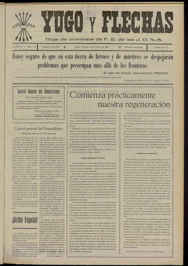 Miniatura de Yugo y flechas : hoja de combate de F.E. de las J.O.N.S. del 5 de febrero de 1937, nº 144
