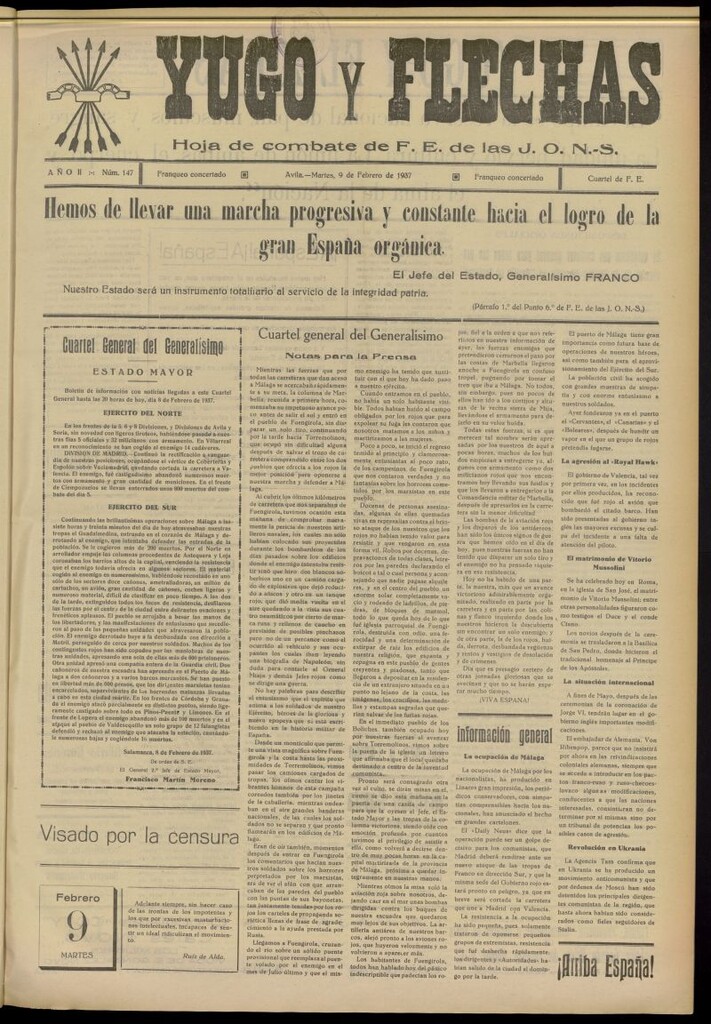 Miniatura de Yugo y flechas : hoja de combate de F.E. de las J.O.N.S. del 9 de febrero de 1937, nº 147