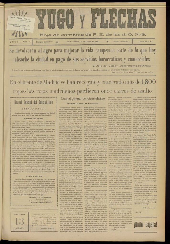 Miniatura de Yugo y flechas : hoja de combate de F.E. de las J.O.N.S. del 13 de febrero de 1937, nº 151