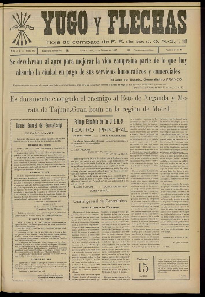 Miniatura de Yugo y flechas : hoja de combate de F.E. de las J.O.N.S. del 15 de febrero de 1937, nº 152