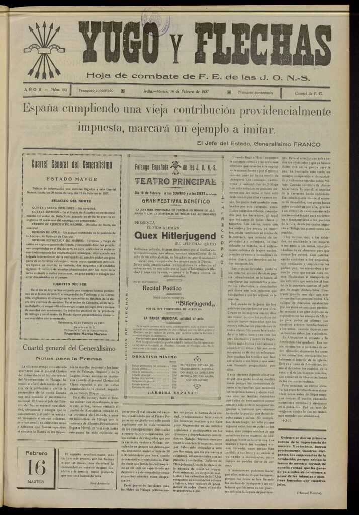 Miniatura de Yugo y flechas : hoja de combate de F.E. de las J.O.N.S. del 16 de febrero de 1937, nº 153
