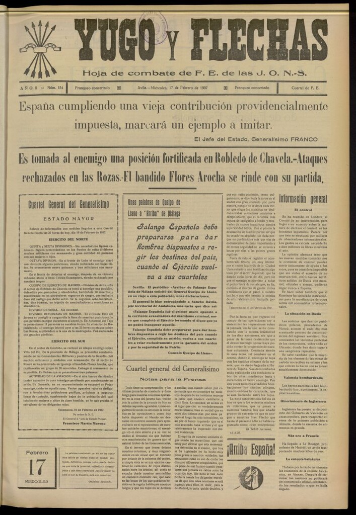Miniatura de Yugo y flechas : hoja de combate de F.E. de las J.O.N.S. del 17 de febrero de 1937, nº 154