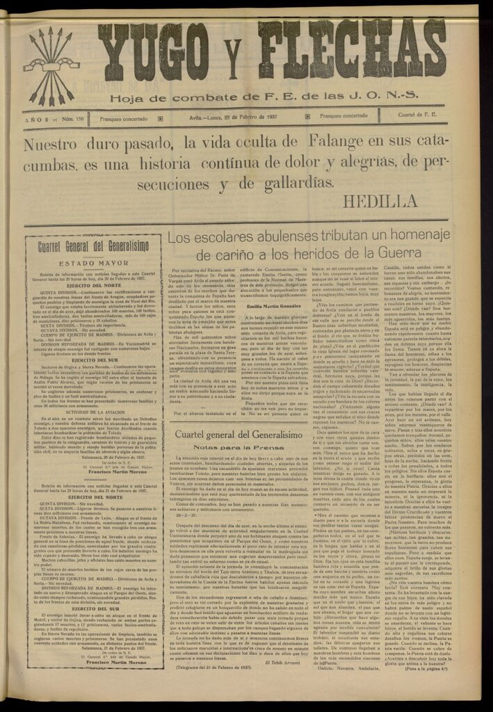 Miniatura de Yugo y flechas : hoja de combate de F.E. de las J.O.N.S. del 22 de febrero de 1937, nº 158