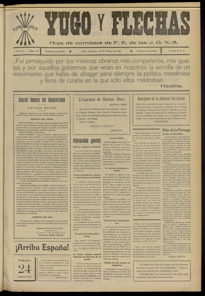 Miniatura de Yugo y flechas : hoja de combate de F.E. de las J.O.N.S. del 24 de febrero de 1937, nº 160