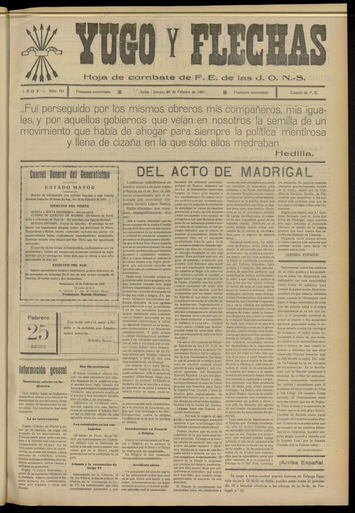 Miniatura de Yugo y flechas : hoja de combate de F.E. de las J.O.N.S. del 25 de febrero de 1937, nº 161