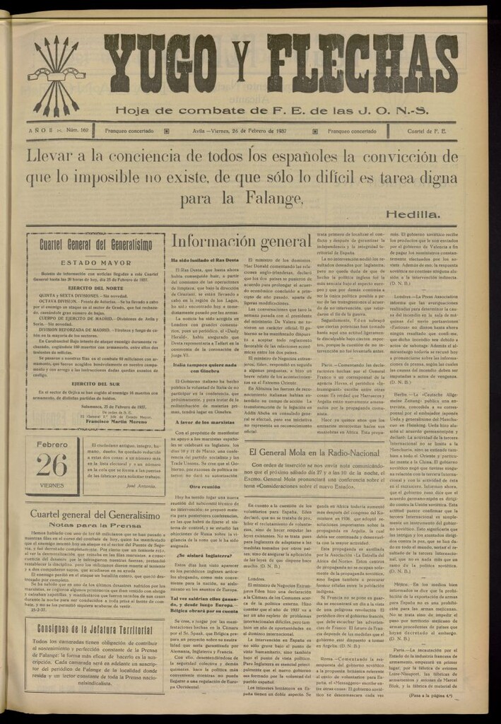 Miniatura de Yugo y flechas : hoja de combate de F.E. de las J.O.N.S. del 26 de febrero de 1937, nº 162