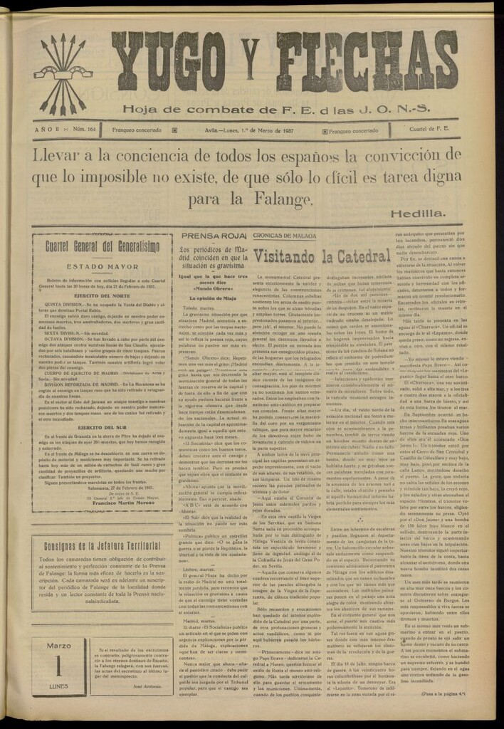 Miniatura de Yugo y flechas : hoja de combate de F.E. de las J.O.N.S. del 1 de marzo de 1937, nº 164