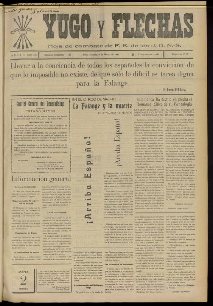 Miniatura de Yugo y flechas : hoja de combate de F.E. de las J.O.N.S. del 2 de marzo de 1937, nº 165