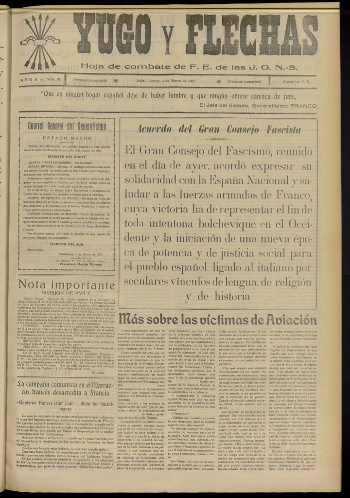 Miniatura de Yugo y flechas : hoja de combate de F.E. de las J.O.N.S. del 4 de marzo de 1937, nº 167