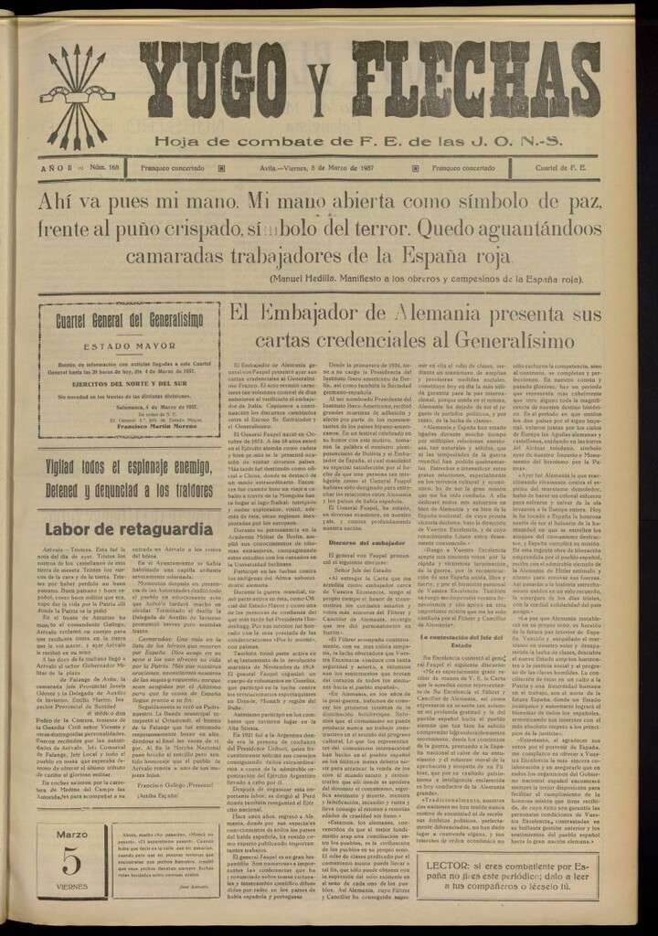 Miniatura de Yugo y flechas : hoja de combate de F.E. de las J.O.N.S. del 5 de marzo de 1937, nº 168