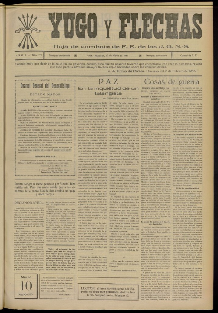 Miniatura de Yugo y flechas : hoja de combate de F.E. de las J.O.N.S. del 10 de marzo de 1937, nº 172