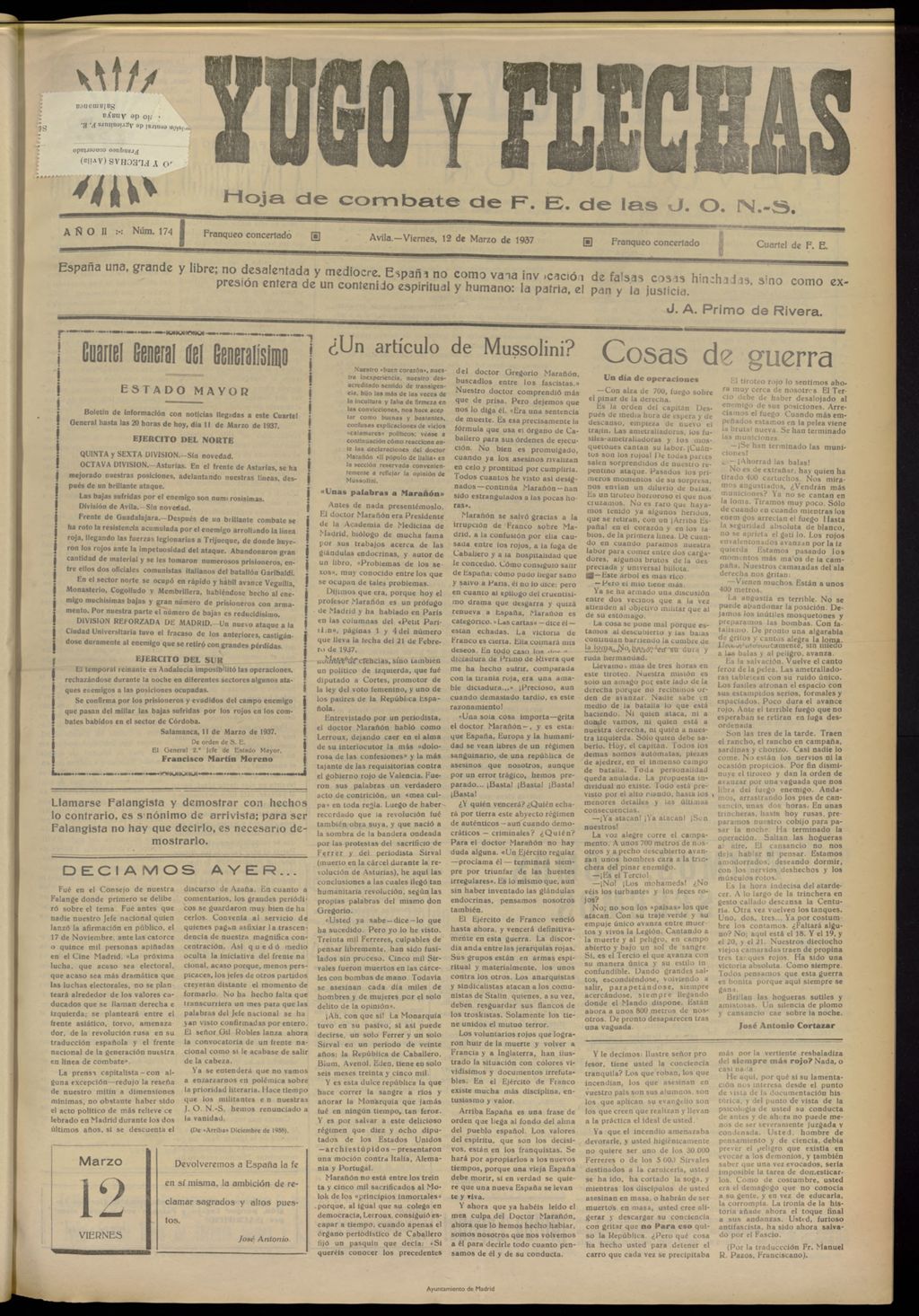 Miniatura de Yugo y flechas : hoja de combate de F.E. de las J.O.N.S. del 12 de marzo de 1937, nº 174