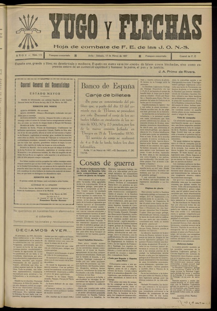 Miniatura de Yugo y flechas : hoja de combate de F.E. de las J.O.N.S. del 13 de marzo de 1937, nº 175