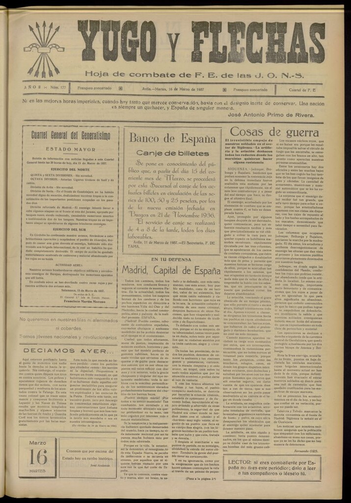 Miniatura de Yugo y flechas : hoja de combate de F.E. de las J.O.N.S. del 16 de marzo de 1937, nº 177