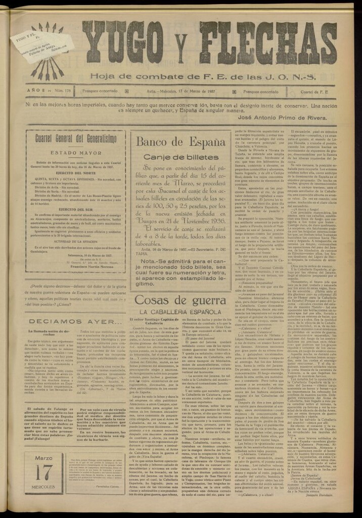 Miniatura de Yugo y flechas : hoja de combate de F.E. de las J.O.N.S. del 17 de marzo de 1937, nº 178