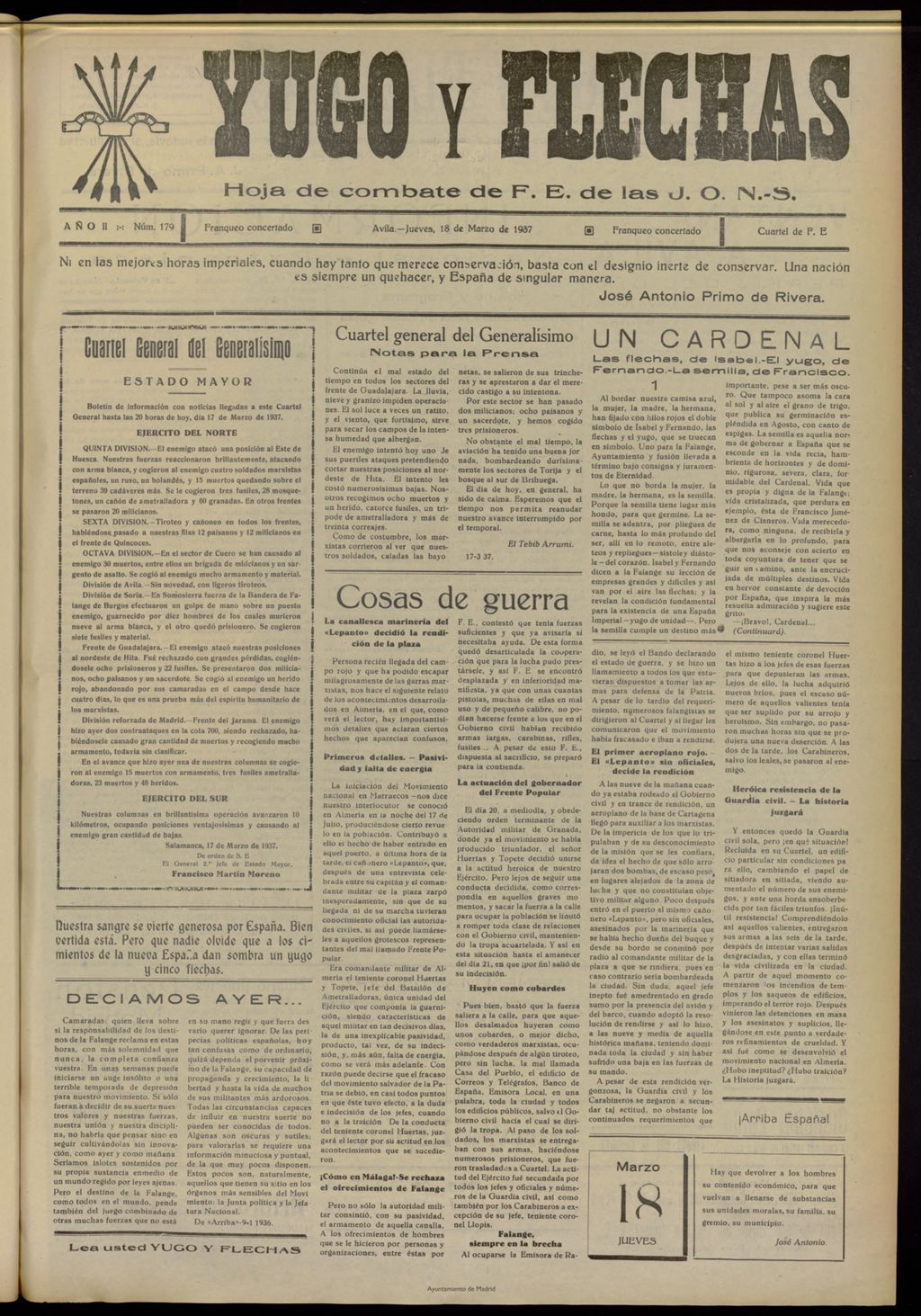 Miniatura de Yugo y flechas : hoja de combate de F.E. de las J.O.N.S. del 18 de marzo de 1937, nº 179