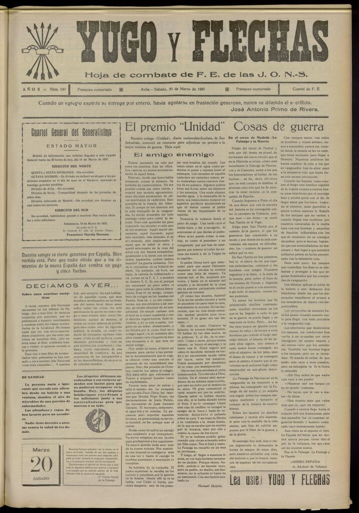 Miniatura de Yugo y flechas : hoja de combate de F.E. de las J.O.N.S. del 20 de marzo de 1937, nº 180