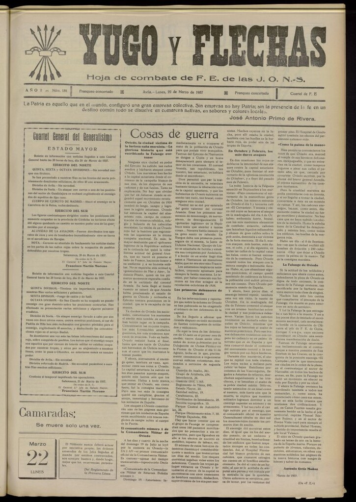 Miniatura de Yugo y flechas : hoja de combate de F.E. de las J.O.N.S. del 22 de marzo de 1937, nº 181