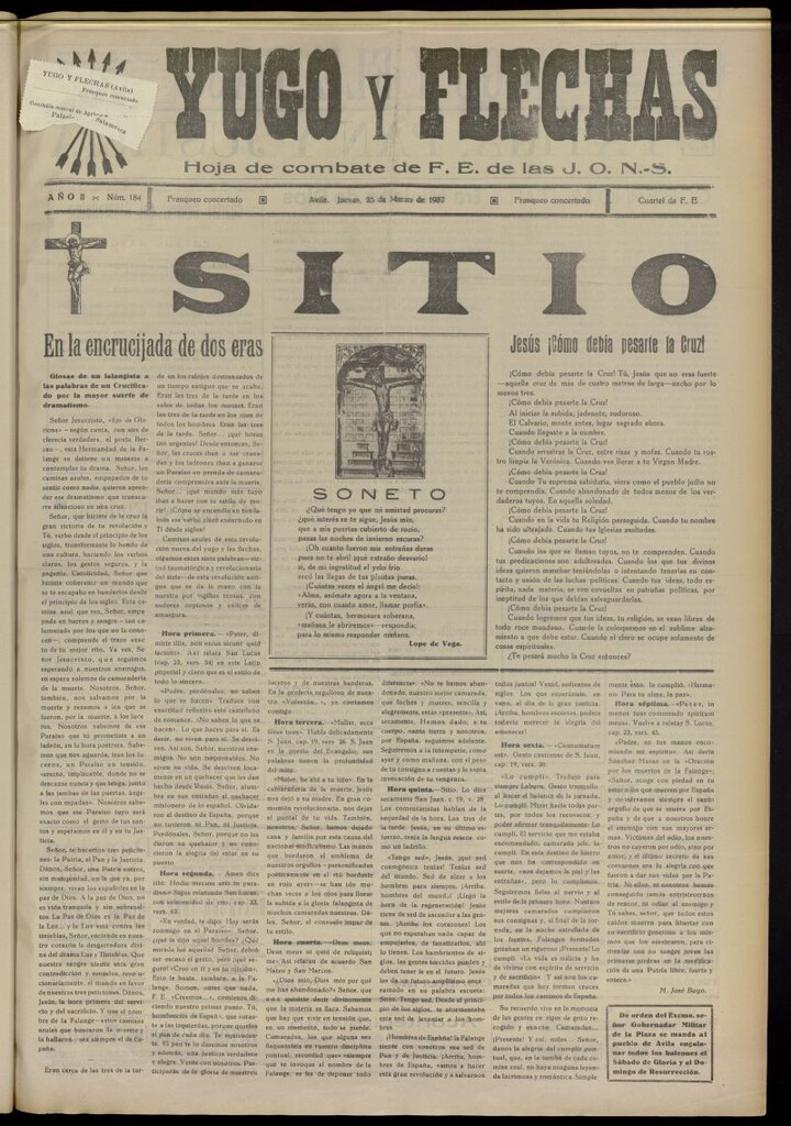 Miniatura de Yugo y flechas : hoja de combate de F.E. de las J.O.N.S. del 25 de marzo de 1937, nº 184