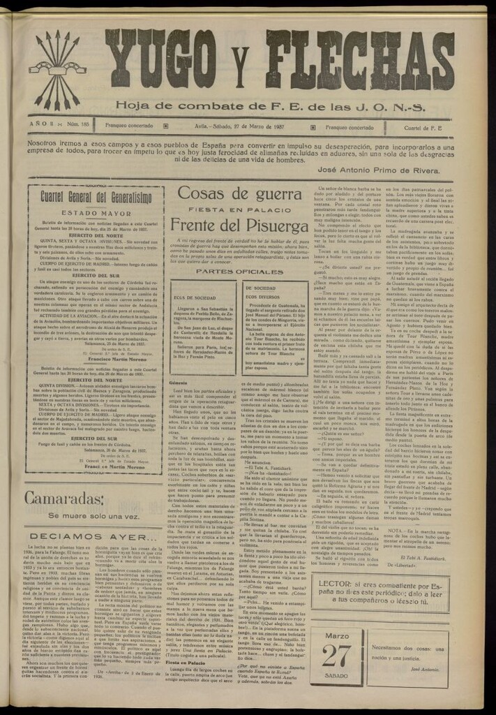 Miniatura de Yugo y flechas : hoja de combate de F.E. de las J.O.N.S. del 27 de marzo de 1937, nº 185