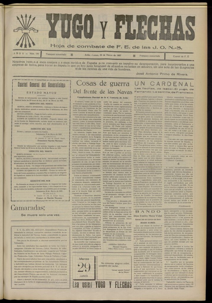 Miniatura de Yugo y flechas : hoja de combate de F.E. de las J.O.N.S. del 29 de marzo de 1937, nº 186