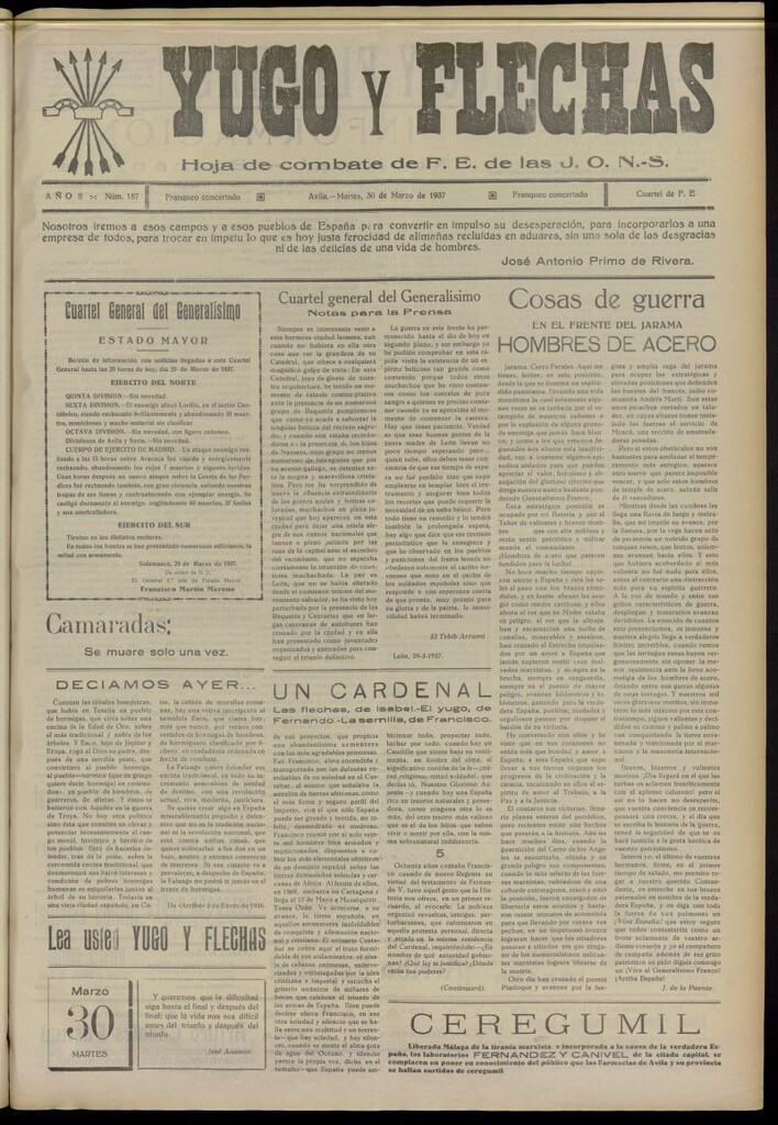 Miniatura de Yugo y flechas : hoja de combate de F.E. de las J.O.N.S. del 30 de marzo de 1937, nº 187
