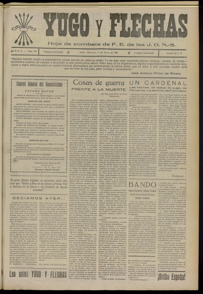 Miniatura de Yugo y flechas : hoja de combate de F.E. de las J.O.N.S. del 31 de marzo de 1937, nº 188