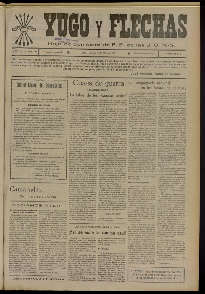 Miniatura de Yugo y flechas : hoja de combate de F.E. de las J.O.N.S. del 2 de abril de 1937, nº 190