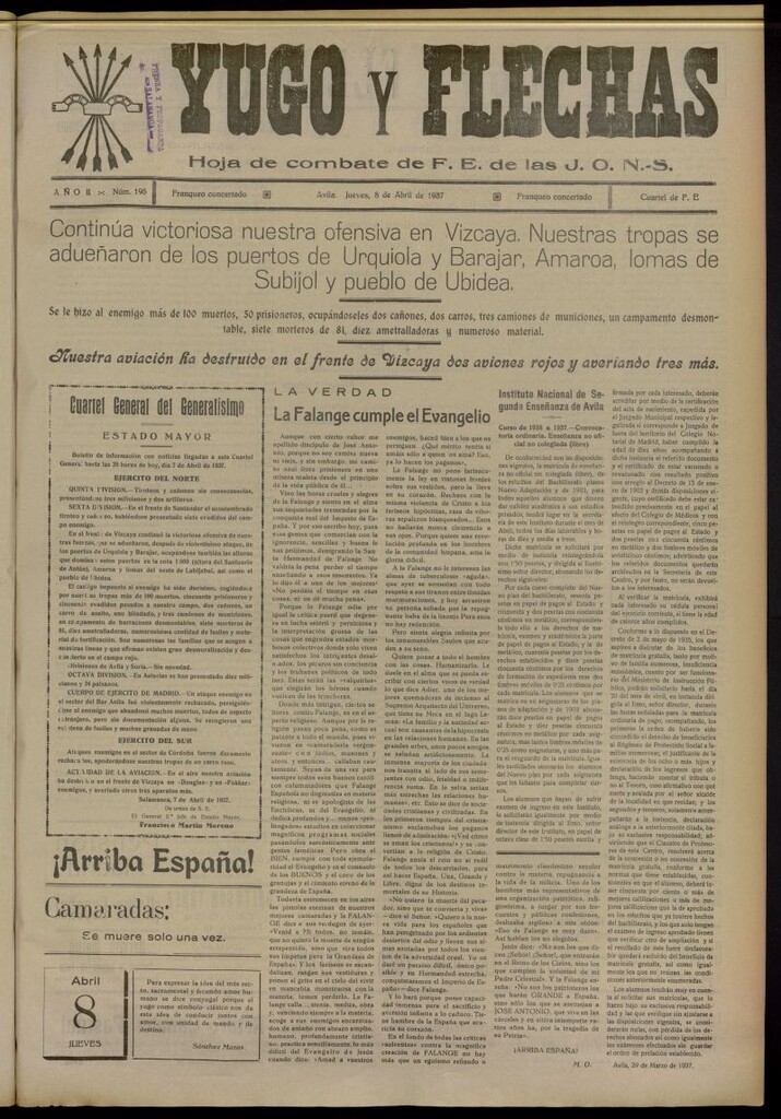 Miniatura de Yugo y flechas : hoja de combate de F.E. de las J.O.N.S. del 8 de abril de 1937, nº 195