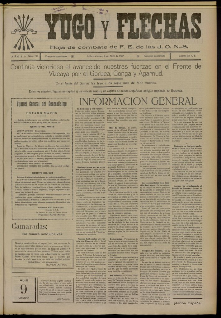 Miniatura de Yugo y flechas : hoja de combate de F.E. de las J.O.N.S. del 9 de abril de 1937, nº 196